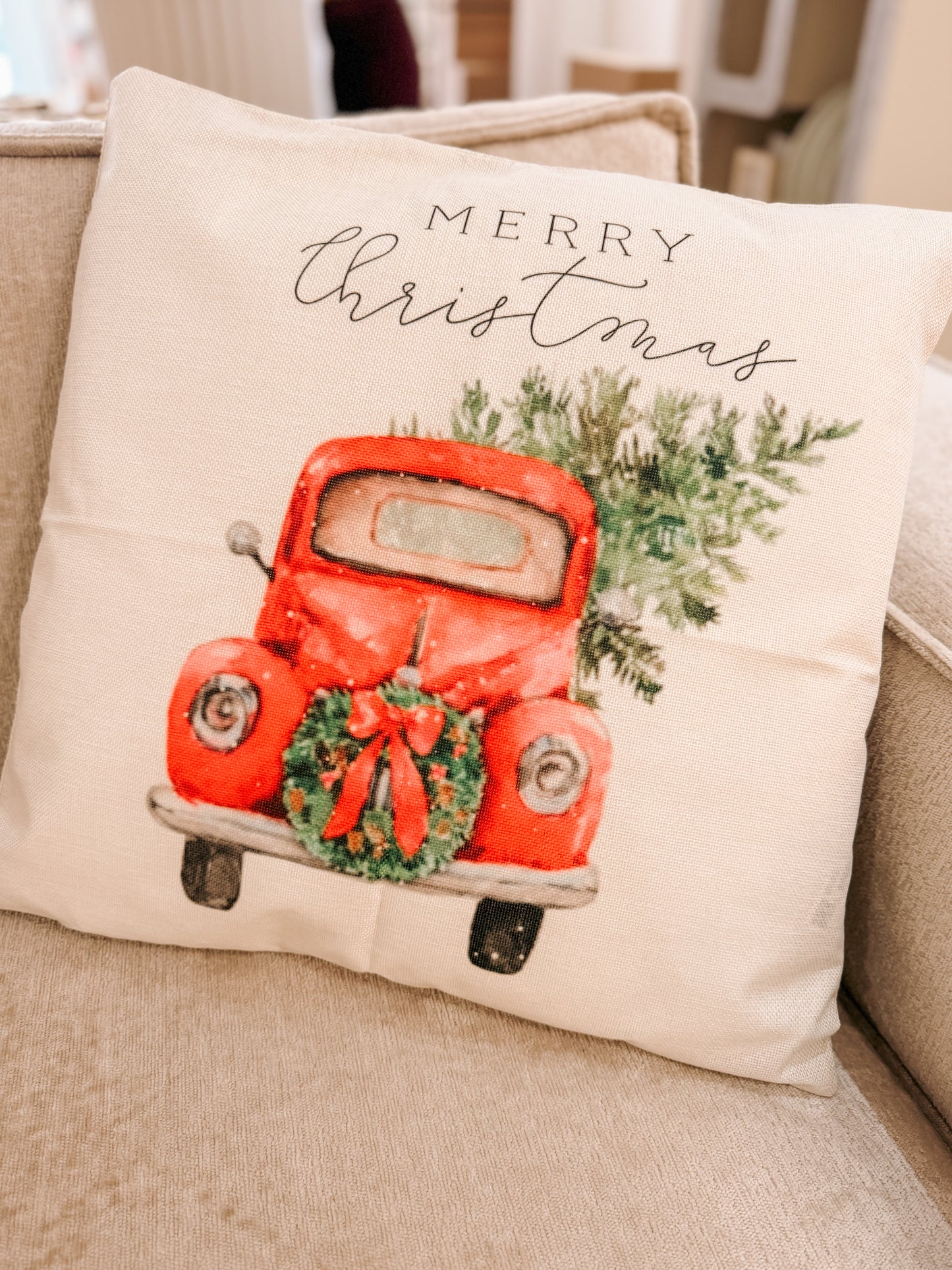 Vintage Red Truck Christmas Cushion – 45 x 45 cm