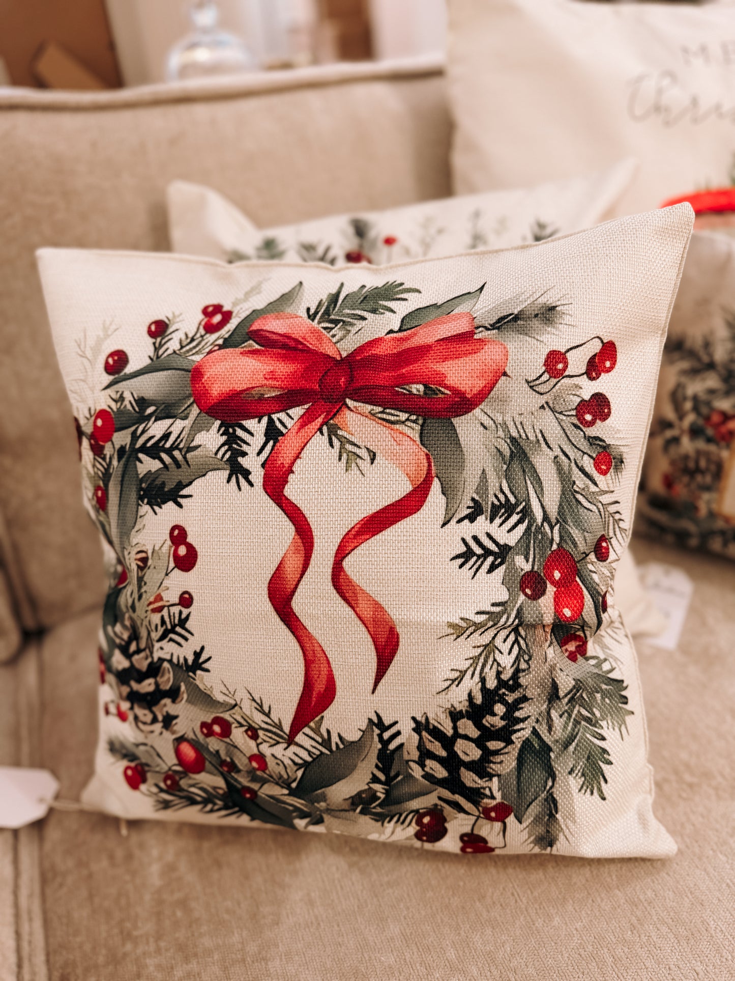 Christmas Wreath Cushion – Red Bow & Winter Foliage