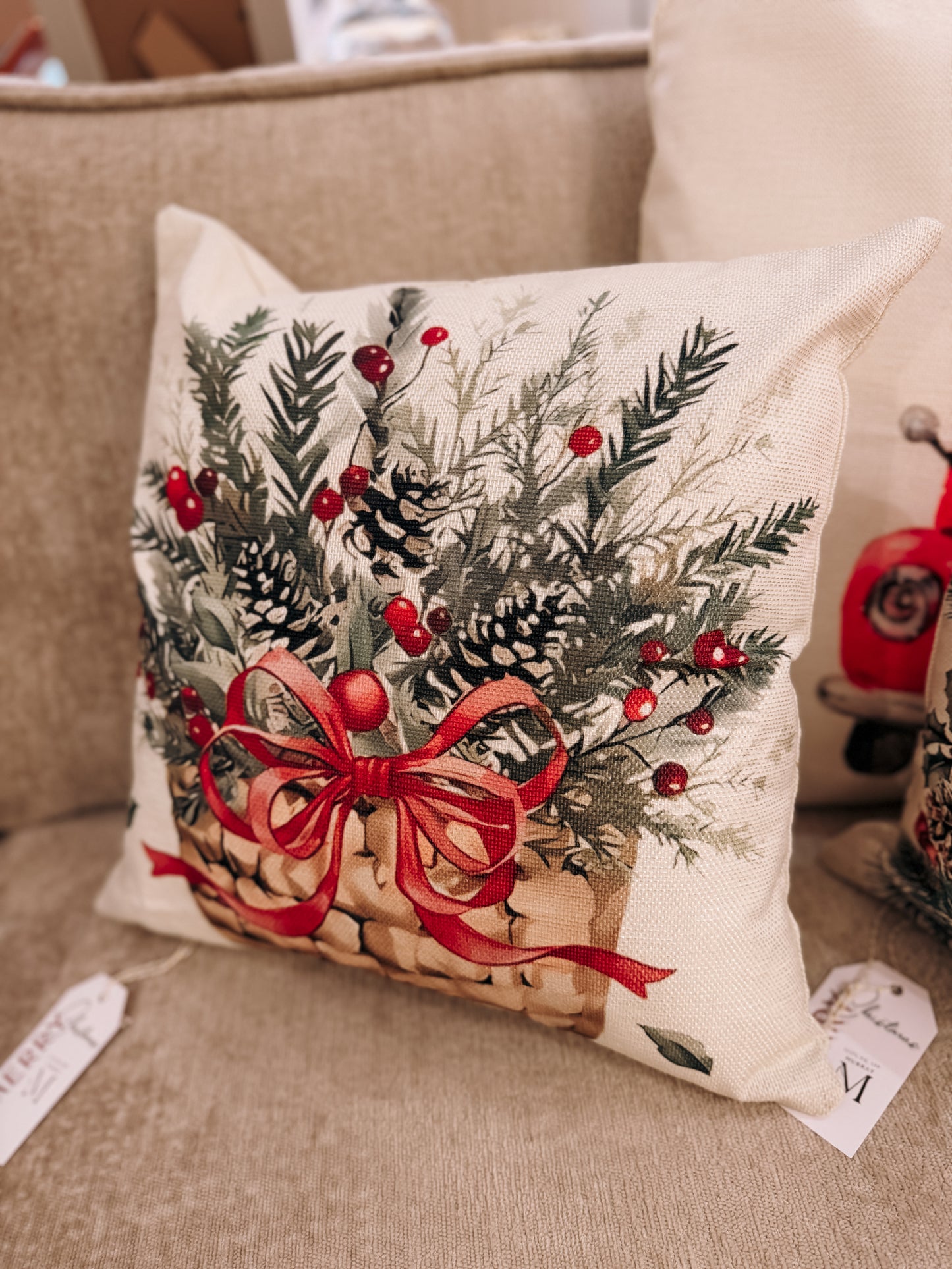 Festive Basket Cushion – Pine, Berries & Red Bow