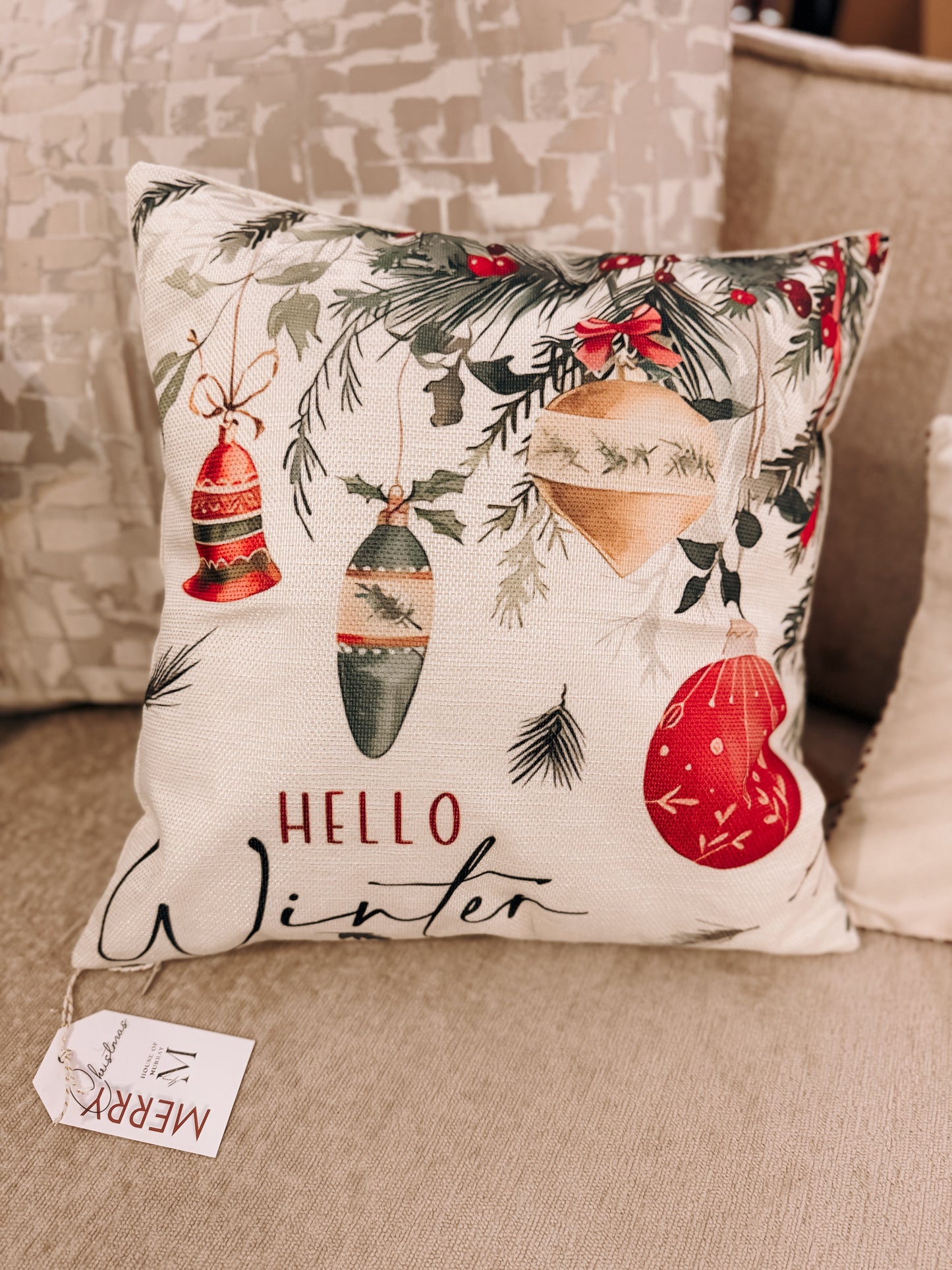 Hello Winter Cushion – Festive Baubles & Foliage