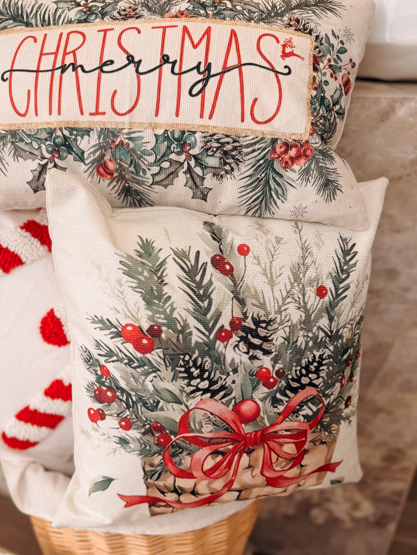 Festive Pinecone & Berry Basket Cushion – 45 x 45 cm