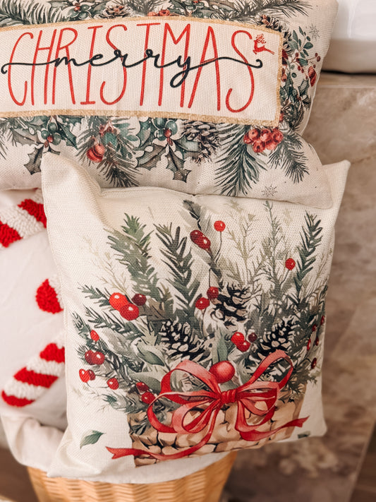 Festive Pinecone & Berry Basket Cushion – 45 x 45 cm
