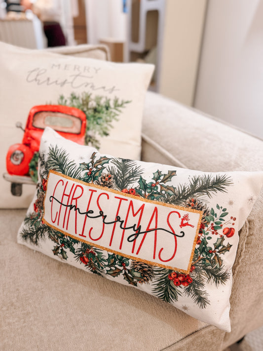 Merry Christmas Pine Wreath Cushion – 30 x 50 cm (cream background)