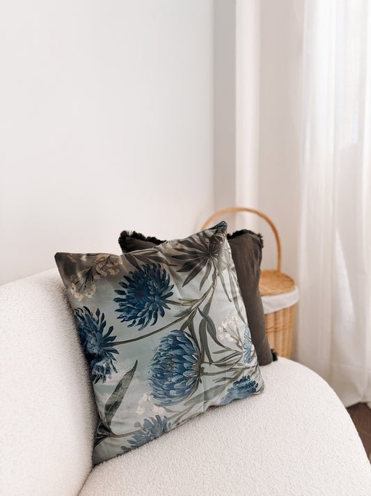 Botanical Print Cushion  – 45 × 45 cm | Soft Blue & Sage