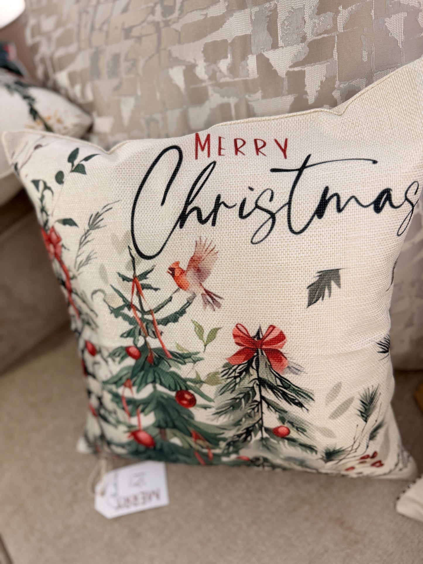 Merry Christmas Cushion – Red Robin & Winter Trees