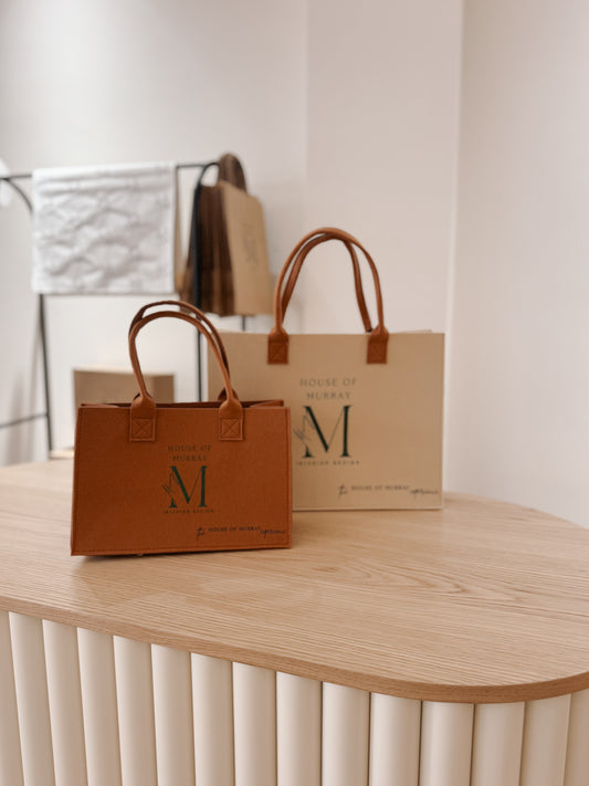 House of Murray Bag, Felt Tote Bag, Cream Tote Bag, Chestnut Brown Bag, Mini Tote Bag, Gift Bag, Reusable Gift Bag, Sustainable Packaging, Luxury Tote, Homeware Gift Bag, Shopping Bag, House of Murray Gift, Custom Tote Bag, Eco-Friendly Bag, Branded Tote, Mediterranean Style, Signature Bag, Orihuela Costa Studio, Add-On Gift Bag, Home Decor Gift Wrap
