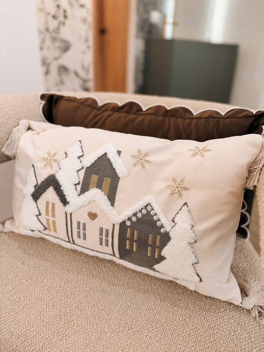 Snowy Village Embroidered Cushion – 30 x 50 cm