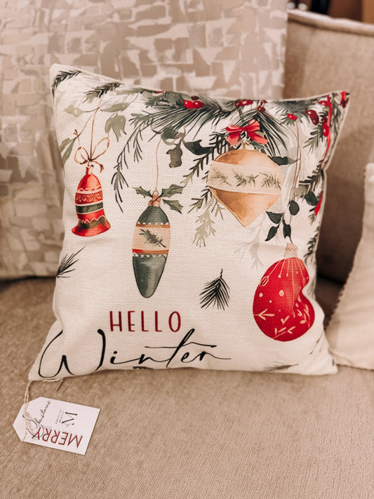 Hello Winter Cushion – Festive Baubles & Foliage