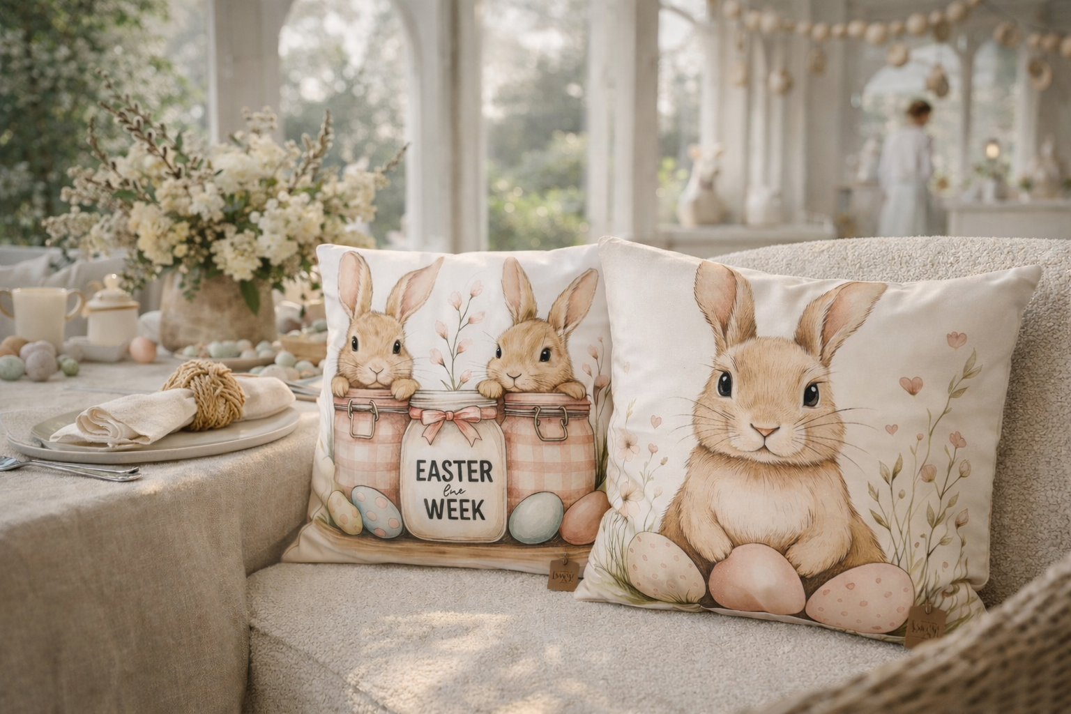 Easter Bunny Illustration Cushion – Soft Neutral Print (Inner Included)