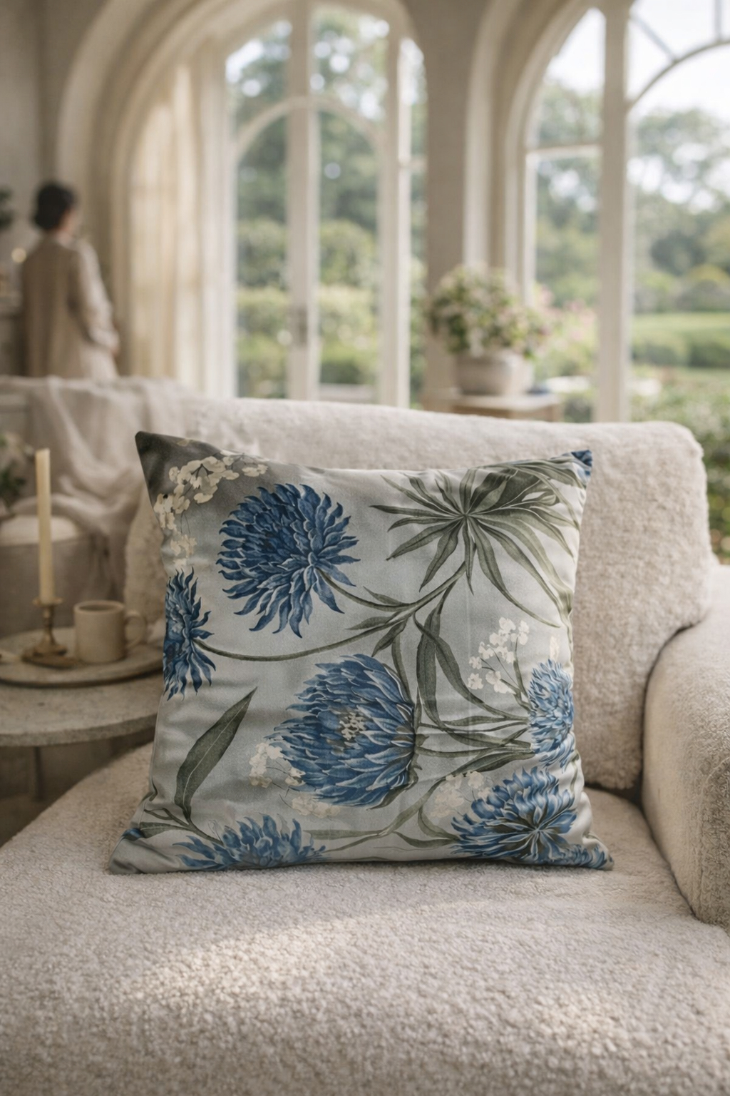 Botanical Print Cushion  – 45 × 45 cm | Soft Blue & Sage
