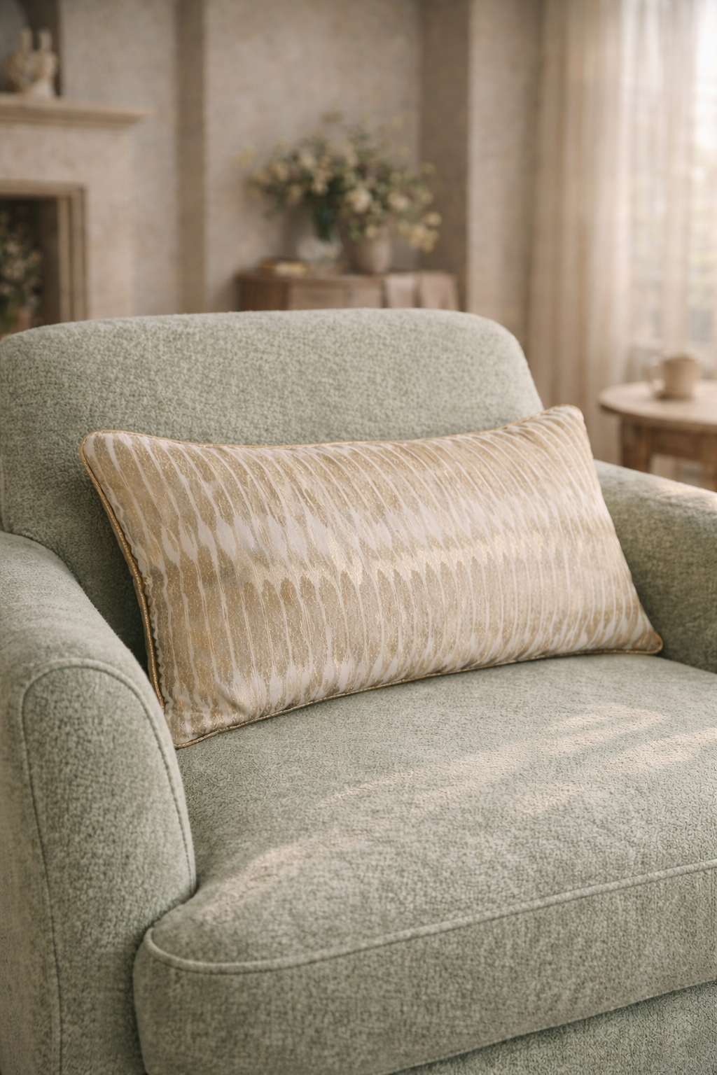 Textured Stripe Lumbar Cushion – gold & Ivory (30 × 50 cm)