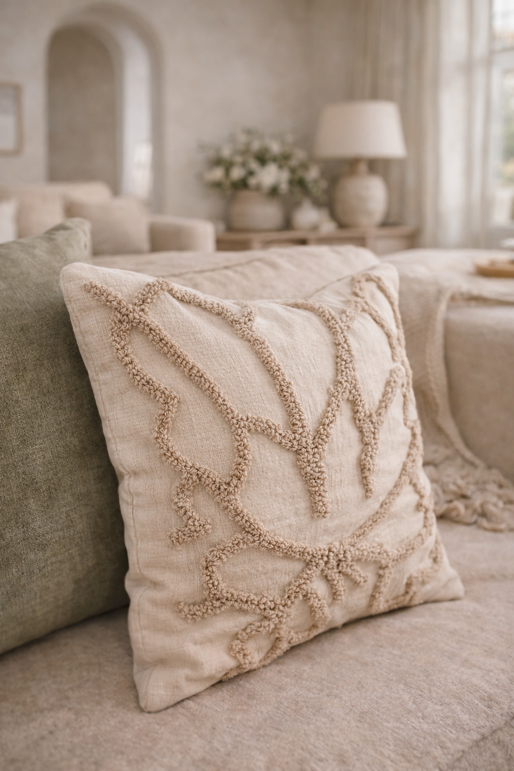 Cream Textured Leaf Cushion