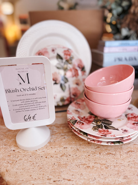 Blush Orchid Set, Blush Dinnerware, Ceramic Plates, Blush Pink Bowls, Butterfly Plates, Elegant Tableware, Romantic Dinnerware, House of Murray Dining, Stoneware Set, Dinner Set Spain, Giftable Tableware, Ivory Plates, Seasonal Tableware, Feminine Table Styling, Signature House of Murray
